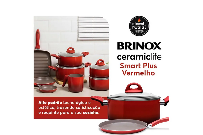 Jogo de Panelas Brinox Antiaderente Ceramic Life 8 Peças Smart Plus Vermelho