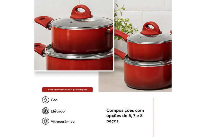 Jogo de Panelas Brinox Antiaderente Ceramic Life 8 Peças Smart Plus Vermelho