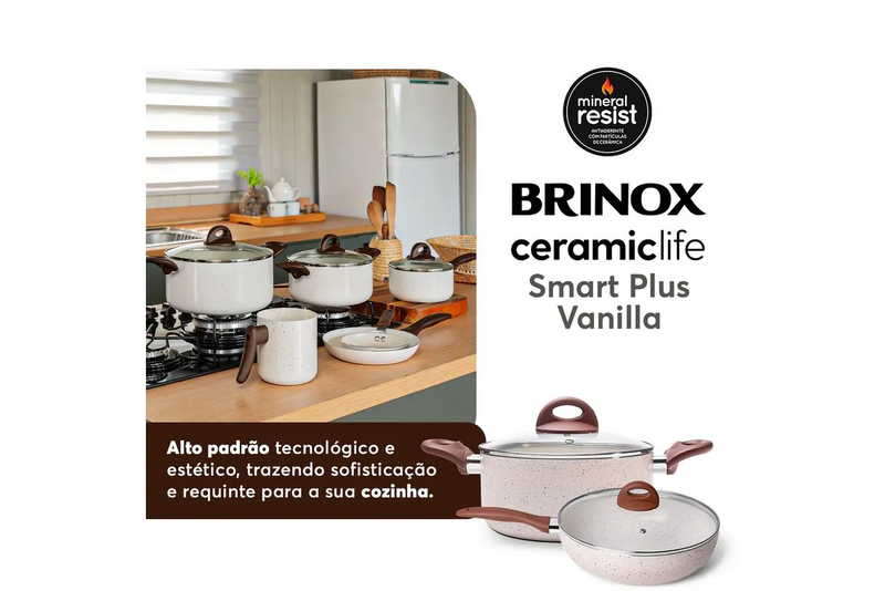 Jogo de Panelas Brinox Antiaderente Ceramic Life 8 Peças Smart Plus Vanilla