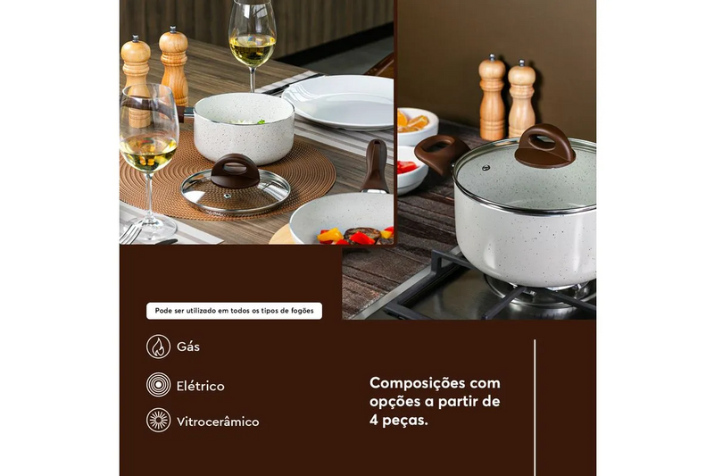 Jogo de Panelas Brinox Antiaderente Ceramic Life 8 Peças Smart Plus Vanilla